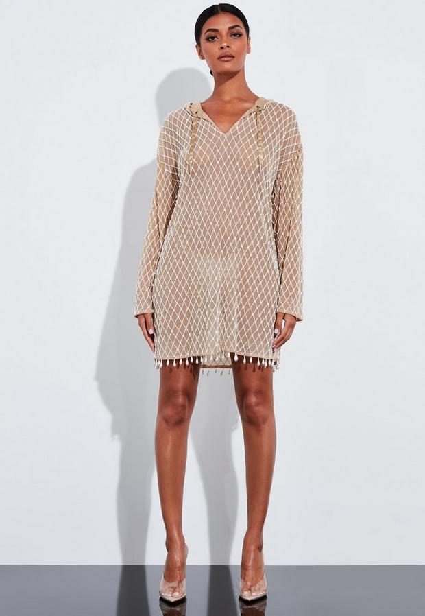 Pearl Embellished Hooded Dress White