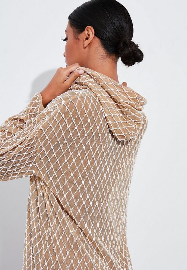 Pearl Embellished Hooded Dress White