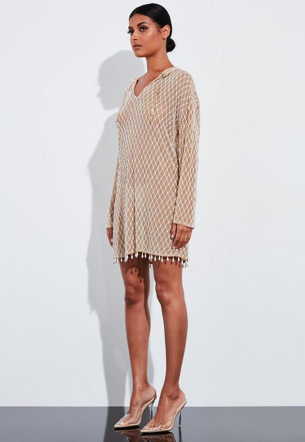 Pearl Embellished Hooded Dress White