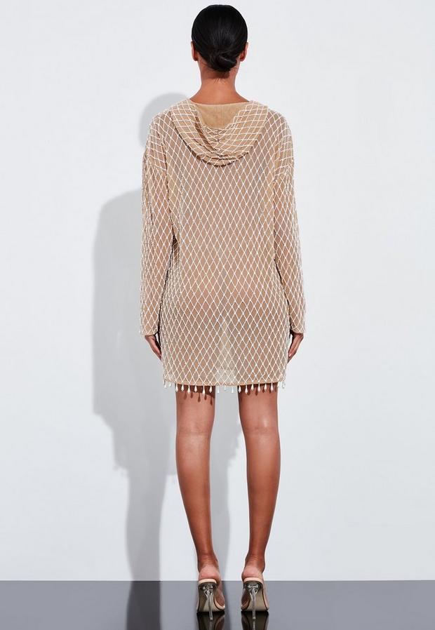 Pearl Embellished Hooded Dress White