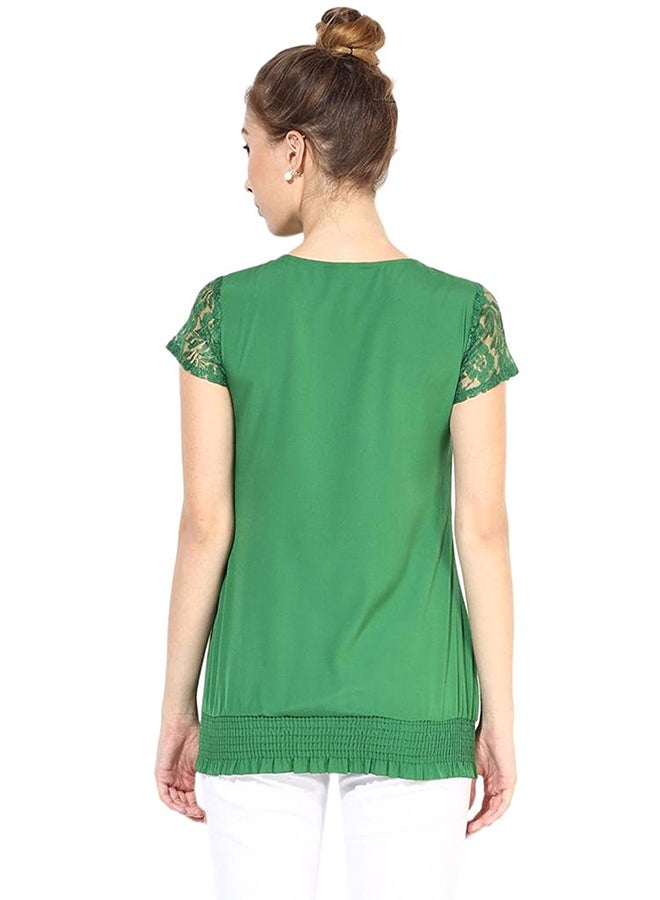 Short Sleeve Top With Lace At Yoke Green