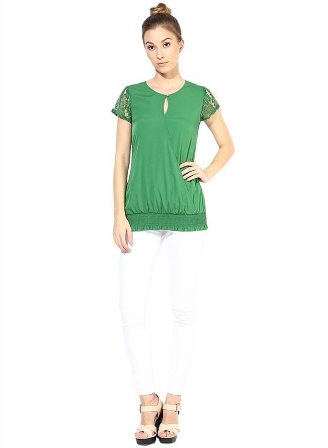 Short Sleeve Top With Lace At Yoke Green