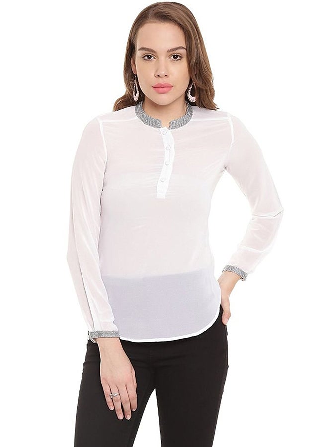 Casual Top With Embellishment At Collar And Cuff Off White