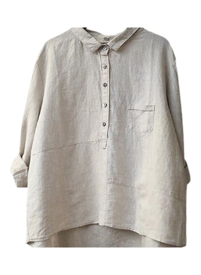 Women Cotton Linen T Shirt Spring Summer Loose Lapel Blouse creamy-white