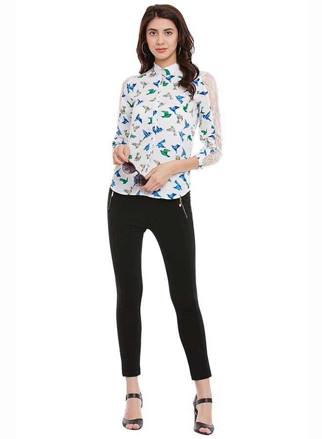 Casual Shirt With Lace Patched Sleeve White/Blue