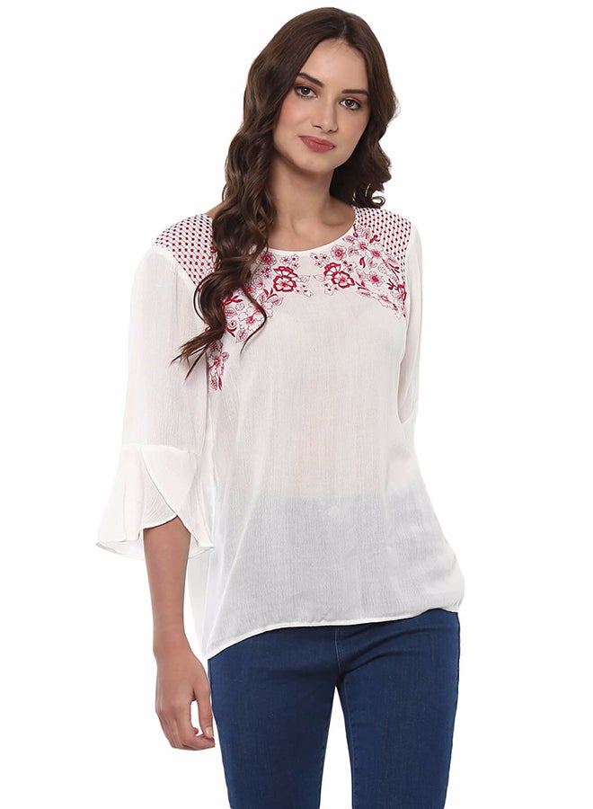 Embroidered Top With Flaired Sleeve White