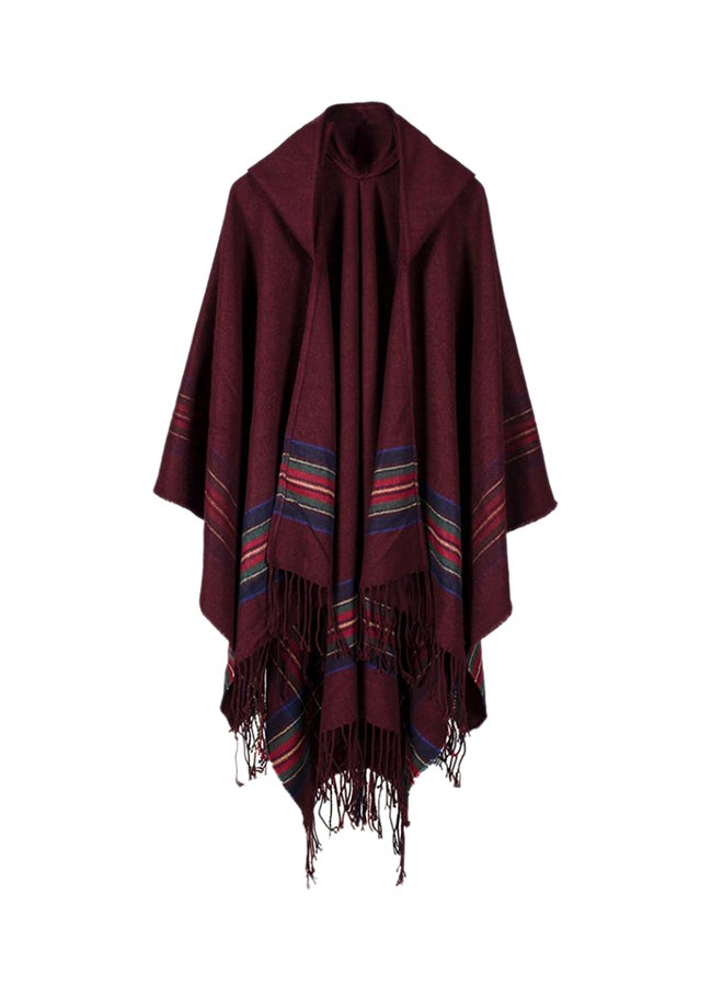 Stripes Design Hooded Cape Wine Red