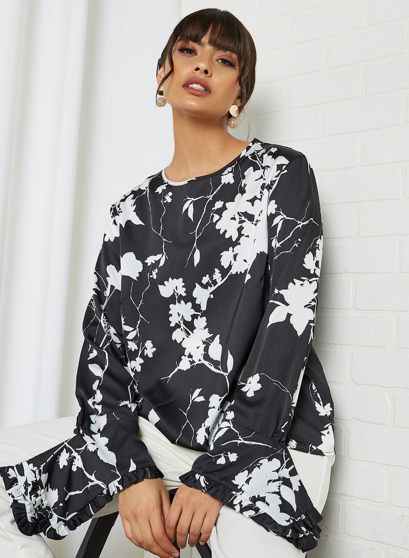 Floral Pattern Bell Sleeve Blouse Black Offwhite Floral