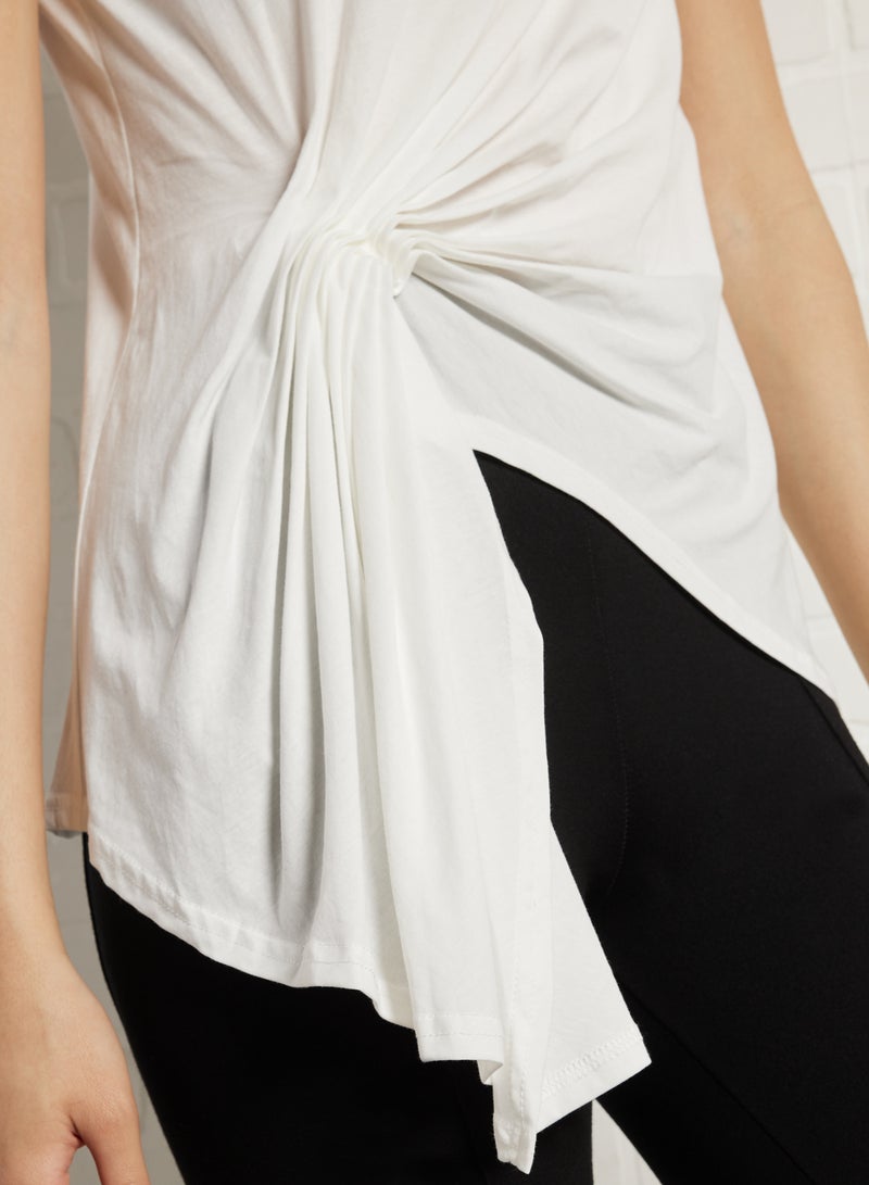Gathered Asymmetrical Hem T-Shirt White