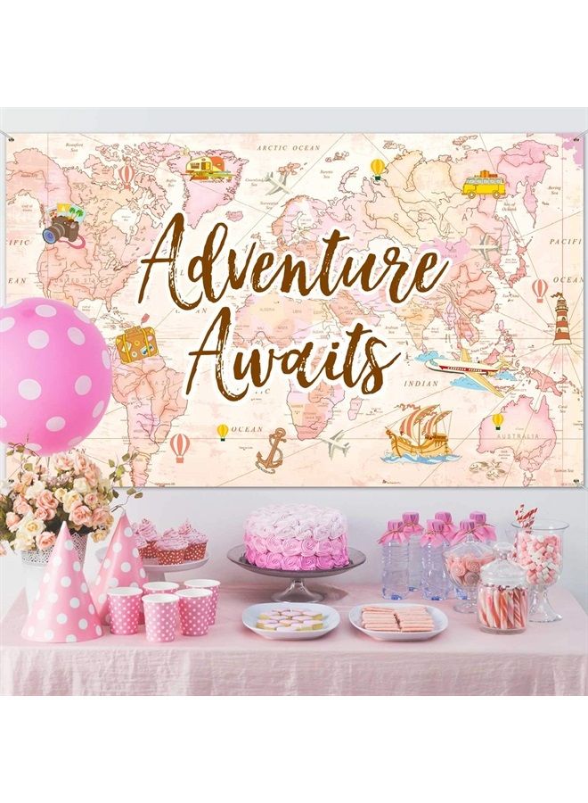 Travel Themed Party Decorations Supplies Adventure Awaits Bon Voyage Backdrop Adventure Map Backdrop for Graduation Birthday Party Baby Shower Photo Booth Pink, 70.8 x 43.3 Inch