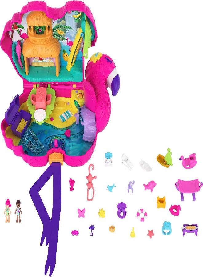Polly Pocket Travel Toy, Flamingo Party Playset with 2 Micro Dolls and 26 Surprise Accessories, Animal Toy Compact