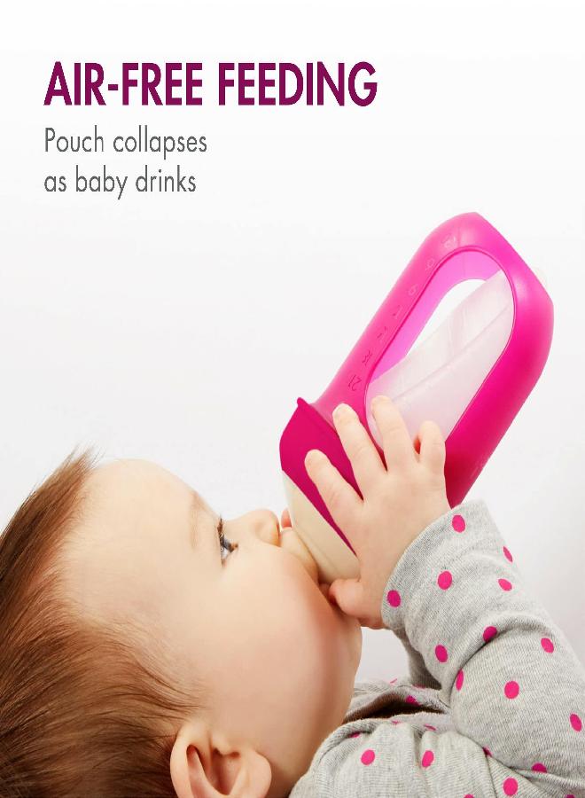 Boon Nursh Stage 2 Medium Flow Reusable Silicone Baby Bottles with Collapsible Silicone Pouch Design - Everyday Baby Essentials - Pink - 8 Ounce - 3 Count