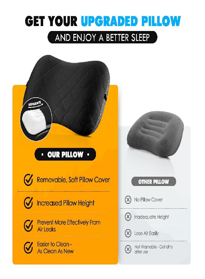 Camping Pillow With Removable Cover - Ultralight Inflatable Pillow For Neck Lumber Support - Upgrade Backpacking Pillow - Washable Travel Air Pillows For Camping, Hiking, Backpacking (Black)