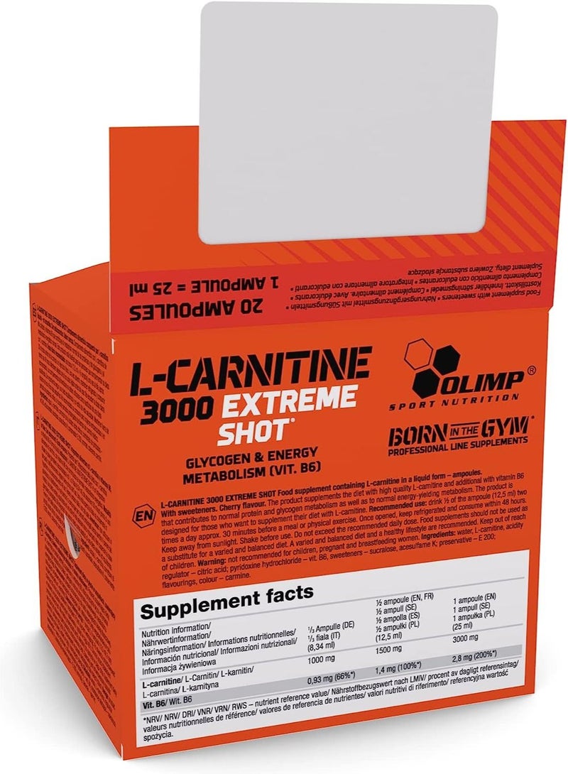 Olimp Labs L-Carnitine 3000 Extreme Shots, Cherry Flavour, Pack of 20 Ampoules