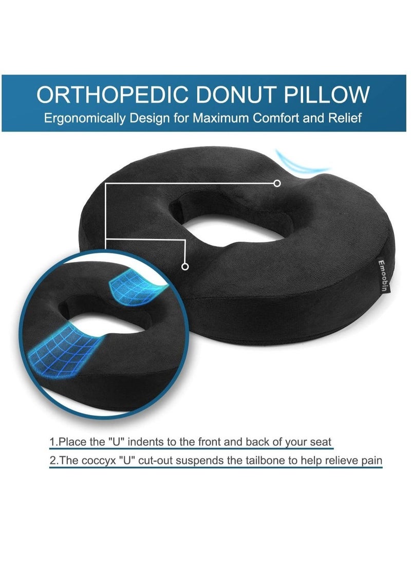 Memory Foam Donut Pillow Portable Orthopedic Hemmoroid Pillow Cushion Support Pad for Tailbone Pain, Hemorrhoids, Prostate, Pregnancy, Coccyx, Sciatica, Post Natal & After Surgery