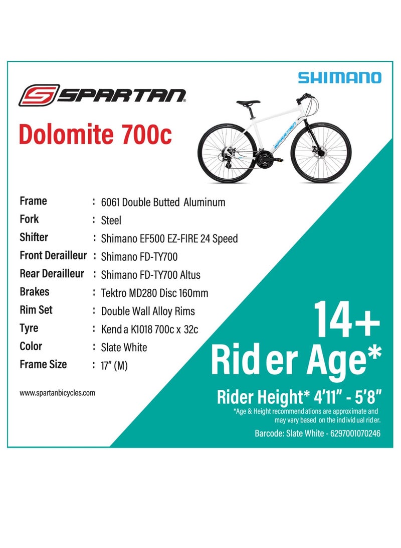 Spartan 700c Dolomite Fitness Bike | Lightweight Frame Alloy Road Bicycle | Shimano Shifters and Rear Derailleur | 24 Speed Cycle | Slate White | Frame Size Medium