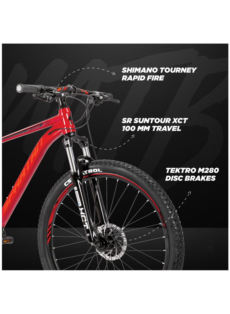 Spartan 27.5 Inches A-Line Hardtail Mountain Bicycles| Lightweight Alloy frame Rims | Gear | Disc brakes | Front Suspension | Shimano Shifters MTB Bike | Shimano Derailers - Gloss Red