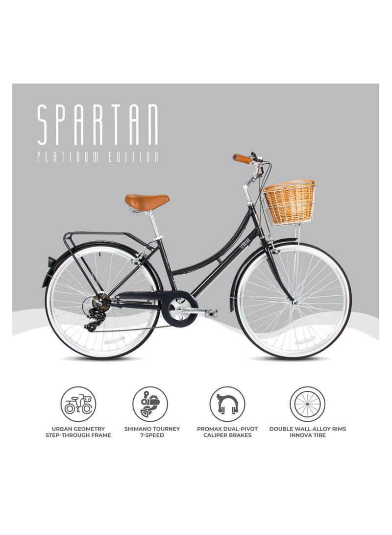 Spartan Platinum City Bike – 700c – Bikes With Gears for Women – Cruiser Bicycle for Ladies – Includes Rear Rack, Vintage Basket and Stand, Comfort Saddle – Commuter Bicycles - Space Black