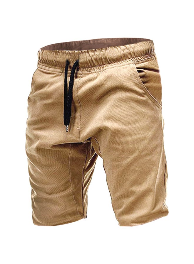 Solid Pocket Detail Drawstring Shorts Khaki
