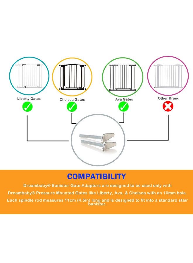 Dreambaby Yshaped Spindle Rod Banister Gate Adaptors For Dreambaby Pressure Mounted Gates 9.5Mm Diameter Size & 4.5Inch Length Silver 2 Count (Pack Of 1) Model L196