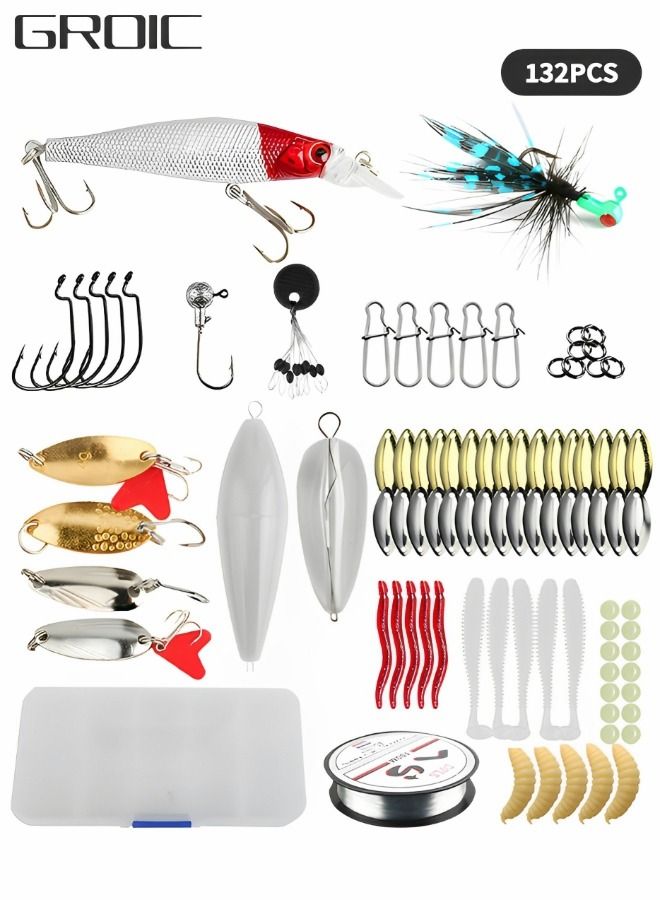 132PCS Fishing Lures Kit Set, Bait Tackle Kit Including Crankbaits, Topwater Lures, Spinnerbaits, Worms, Jigs, Hooks, Tackle Box and Fish Wire More Fishing Gear Lures