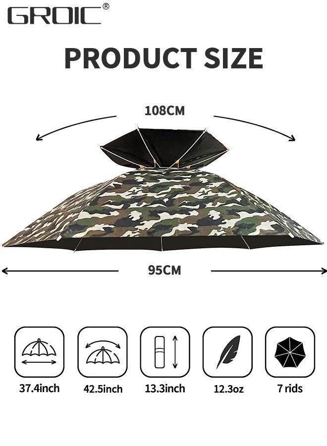 Fishing Umbrella Hat Folding Adjustable Sun Rain Cap, Diameter Large Umbrella Hat for Adults Hands Free UV Protection Head Umbrella Double Layer for Fishing, Gardening, Beach and Golf