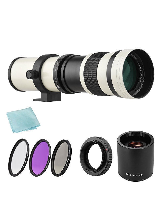 Camera MF Super Telephoto Zoom Lens F/8.3-16 420-800mm T Mount + UV/CPL/FLD Filters Set +2X 420-800mm Teleconverter Lens + T2-EOS Adapter Ring Replacement