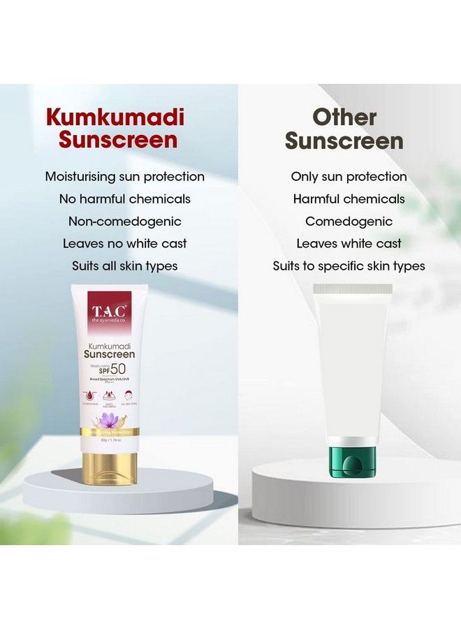 Kumkumadi Sunscreen Ultra Light Spf 50 With Uva/Uvb Pa+++ For Sun Protection Dull & Dry Skin For Women & Men All Skin Types 50Gm