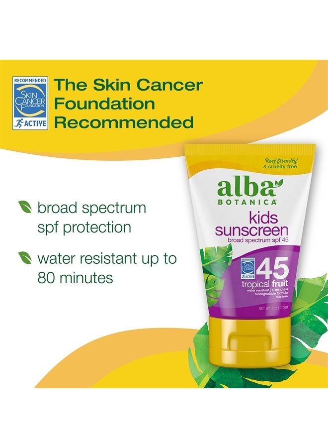 Kids Sunscreen for Face and Body, Tropical Fruit Sunscreen Lotion for Kids, Broad Spectrum SPF 45, Water Resistant and Hypoallergenic, 4 fl. oz. Bottle