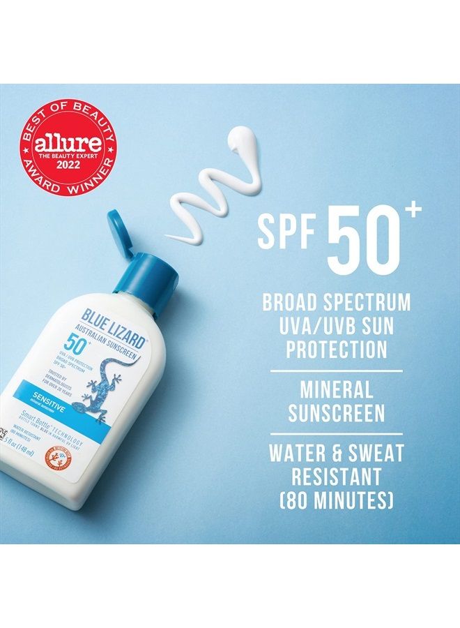 Sensitive Mineral Sunscreen with Zinc Oxide, SPF 50+, Water Resistant, UVA/UVB Protection with Smart Bottle Technology - Fragrance Free, 5 oz