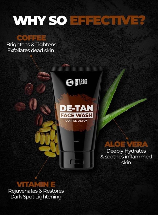 De-Tan Facewash For Men, 100 ml | Tan Removal Oil Control Facewash for Men | Coffee Detox Relieves Skin Inflamation & Sunburn - 3.4Fl Oz