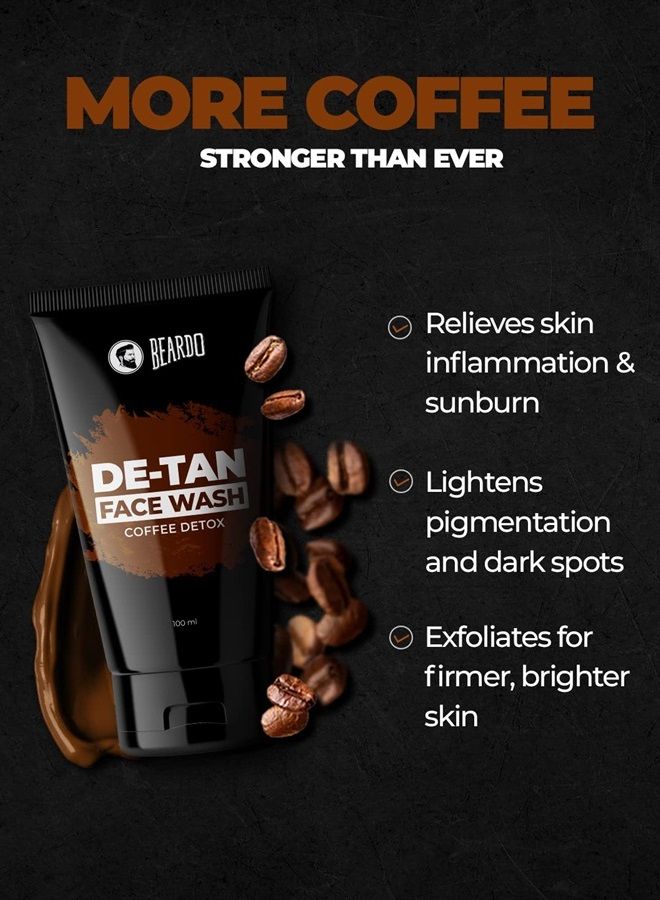 De-Tan Facewash For Men, 100 ml | Tan Removal Oil Control Facewash for Men | Coffee Detox Relieves Skin Inflamation & Sunburn - 3.4Fl Oz