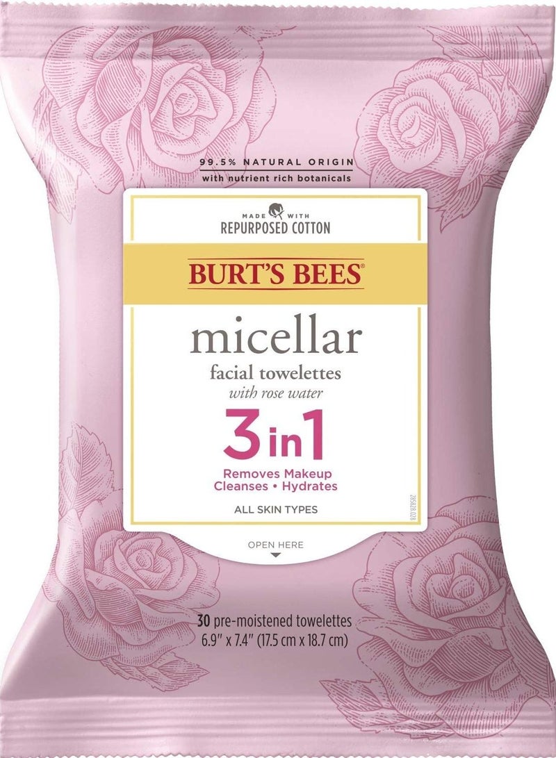 Burt's Bees Facial Cleansing And Makeup Remover Towelettes with Rose Water, 30 Count