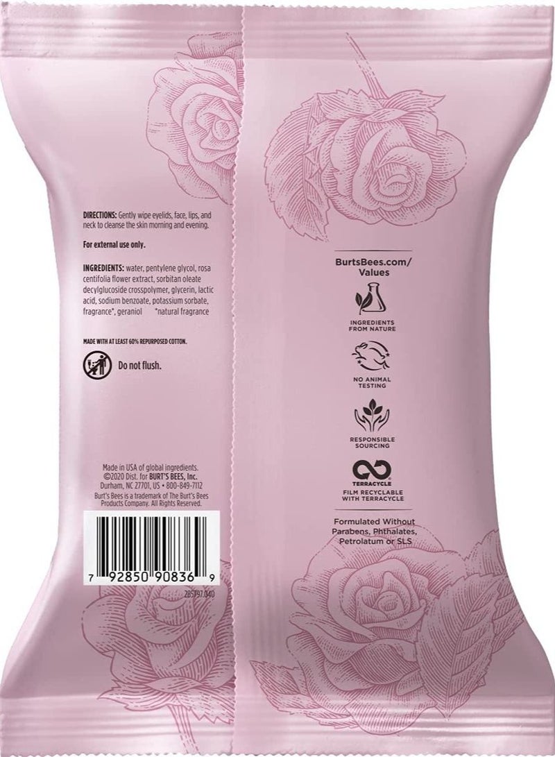 Burt's Bees Facial Cleansing And Makeup Remover Towelettes with Rose Water, 30 Count