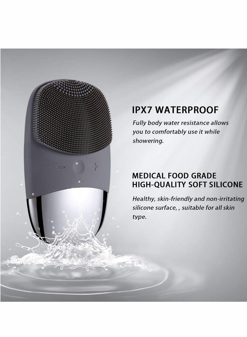 Facial Cleansing Brush, 3-in-1 Electric Silicone Face Scrubber, Vibrating Massager, USB Rechargeble Scrubber Gray