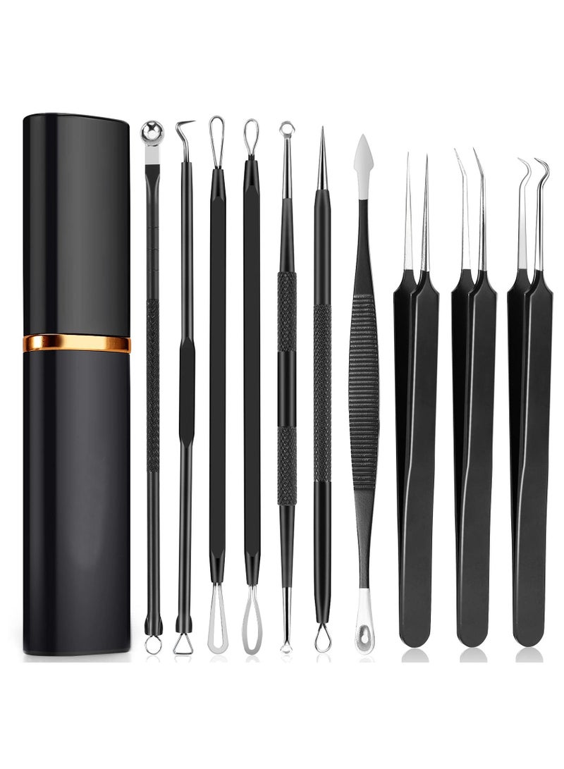 Pimple Popper Tool Kit, 10Pcs Blackhead Remover Comedone Extractor Tweezers Tool Kit with Metal Case for Quick and Easy Removal of Pimples, Blackheads, Zit Removing, Forehead, Facial and Nose Black