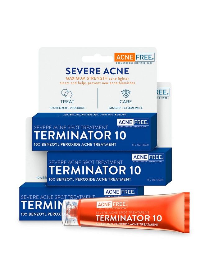 Acne Free Terminator 10 Acne Spot Treatment With Benzoyl Peroxide 10% Maximum Strength Acne Cream Treatment 1 Fl Oz Pack Of 3 White