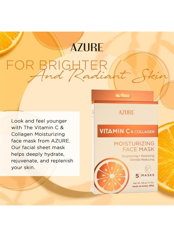 AZURE Vitamin C & Collagen Moisturizing Facial Sheet Mask- Anti Aging, Deeply Moisturizing & Firming - Brightening Mask, Improves Elasticity - Skin Care Made in Korea - 5 Pack