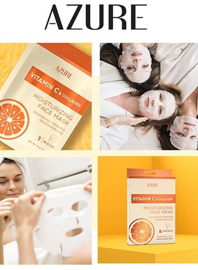 AZURE Vitamin C & Collagen Moisturizing Facial Sheet Mask- Anti Aging, Deeply Moisturizing & Firming - Brightening Mask, Improves Elasticity - Skin Care Made in Korea - 5 Pack