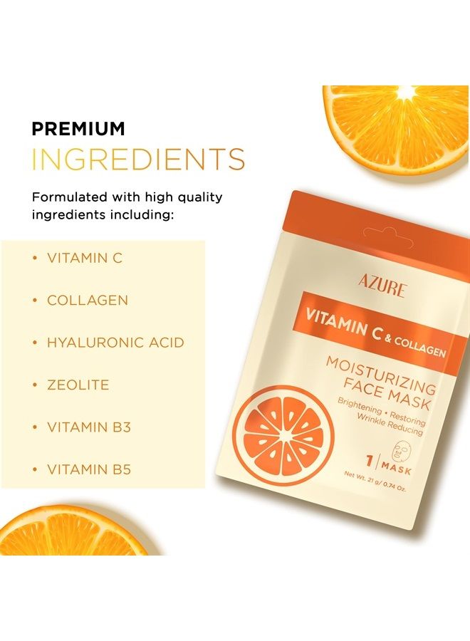 AZURE Vitamin C & Collagen Moisturizing Facial Sheet Mask- Anti Aging, Deeply Moisturizing & Firming - Brightening Mask, Improves Elasticity - Skin Care Made in Korea - 5 Pack