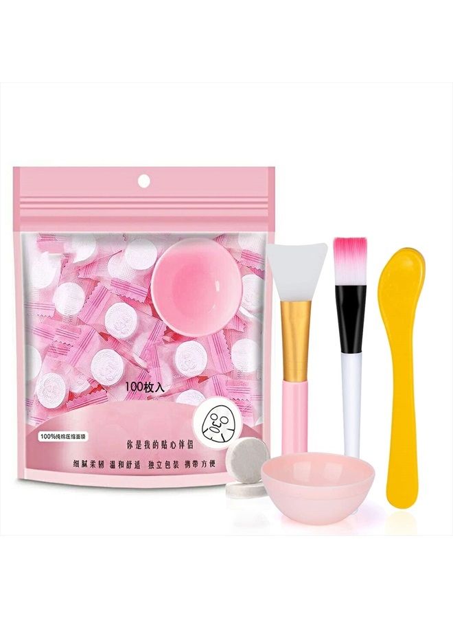 100 pcs Compressed Facial Mask Sheet Beauty DIY Disposable Mask Paper Natural Cotton Skin Care Wrapped Masks Normal Thick，Get a Small Mask Bowl, Mask Brushes and Hair Band Free