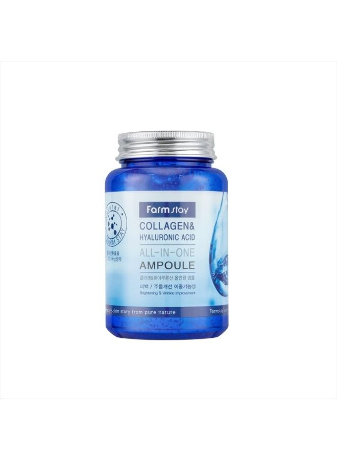 Collagen & Hyaluronic Acid All in one Ampoule - Korean Skin Care, 8.45 Fl. Oz / 250ml, Non Sticky Hydrating Serum with Vitamin Capsule, for Dry, Sensitive Skin, Large Volume, Fast Absorbing