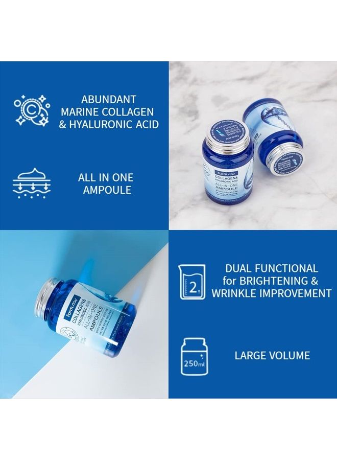Collagen & Hyaluronic Acid All in one Ampoule - Korean Skin Care, 8.45 Fl. Oz / 250ml, Non Sticky Hydrating Serum with Vitamin Capsule, for Dry, Sensitive Skin, Large Volume, Fast Absorbing