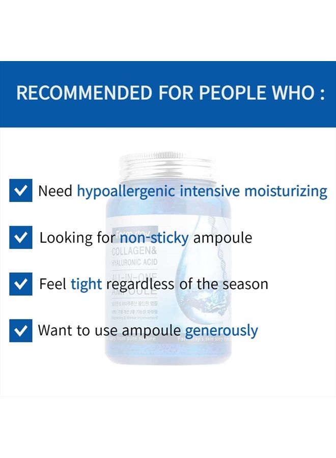 Collagen & Hyaluronic Acid All in one Ampoule - Korean Skin Care, 8.45 Fl. Oz / 250ml, Non Sticky Hydrating Serum with Vitamin Capsule, for Dry, Sensitive Skin, Large Volume, Fast Absorbing