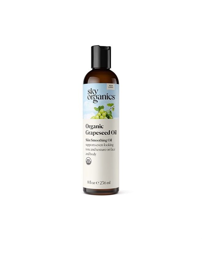 Organic Grapeseed Oil for Face, 100% Pure & Cold-Pressed USDA Certified Organic to Moisturize, Clarify & Brighten, 8 fl. Oz