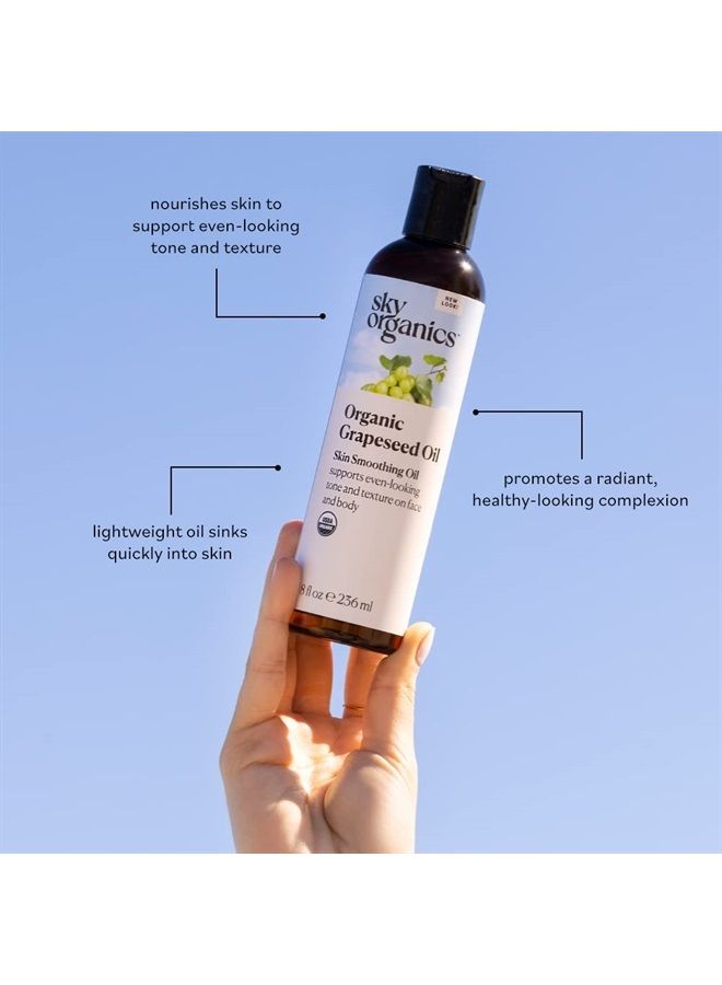Organic Grapeseed Oil for Face, 100% Pure & Cold-Pressed USDA Certified Organic to Moisturize, Clarify & Brighten, 8 fl. Oz