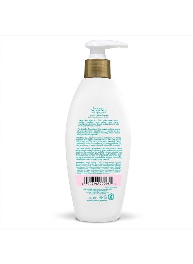 Quenching + Coconut Curls Frizz-Defying Curl Styling Milk, Nourishing Leave-In Hair Treatment with Coconut Oil, Citrus Oil & Honey, Paraben-Free and Sulfated-Surfactants Free, 6 fl oz