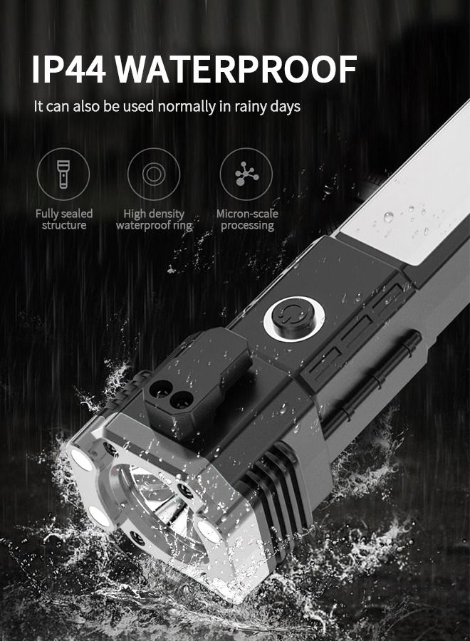 Waterproof Tactical Flashlight, Car Safety Hammer Window Breaker Seat Belt Cutter with Cob Side Light, Power Bank, USB Charging, Magnetic, Strobe Modes All in One Flashlight