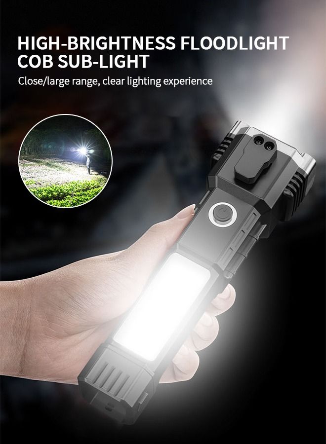 Waterproof Tactical Flashlight, Car Safety Hammer Window Breaker Seat Belt Cutter with Cob Side Light, Power Bank, USB Charging, Magnetic, Strobe Modes All in One Flashlight