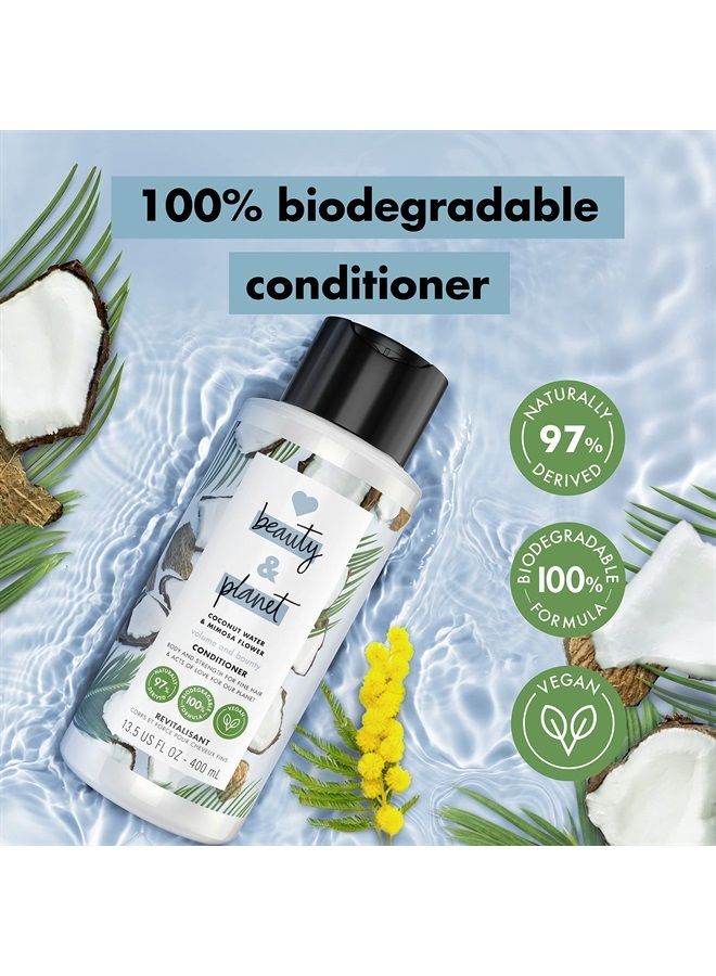 Love Beauty and Planet Volume & Bounty 100% Biodegradable Conditioner For Thin and Fine Hair Care Coconut Water & Mimosa Flower Volumizing Conditioner 0% Silicones, Parabens, and Dyes 13.5 oz